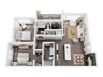 A top-down view of a modern apartment layout.