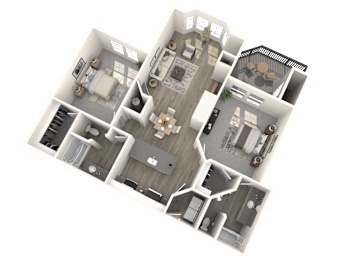 A 3D floor plan of a house with multiple rooms and furniture.