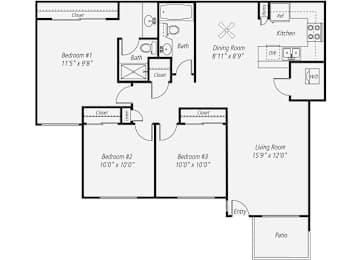 1095 Three Bedroom Floor Plan  at Park Pointe, El Cajon, 92019