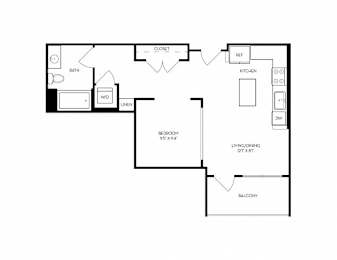 A floor plan of a home with a living area, dining area, kitchen, and two bedrooms.