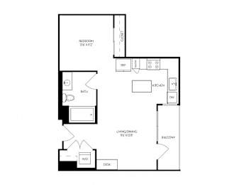 A floor plan of a house with a bedroom, a kitchen, a dining area, and a balcony.