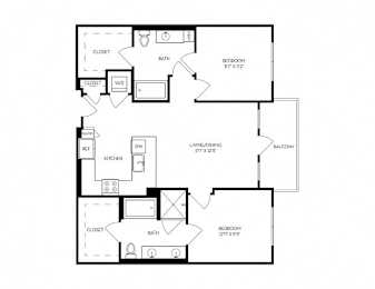 A floor plan of a house with a living room, dining room, kitchen, two bedrooms, and a balcony.