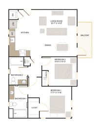 C3.1 Floor Plan 2 Bed - 2 Bath |1,042 sq. ft.
