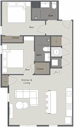 A floor plan of a house with a kitchen, living room, two bedrooms, and two bathrooms.