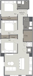 A floor plan of a house with two bedrooms, a kitchen, a living room, and a closet.