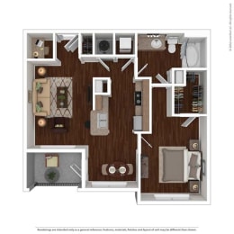 1 bed 1 bath floor plan Dat Auxo at Memorial, Texas, 77024