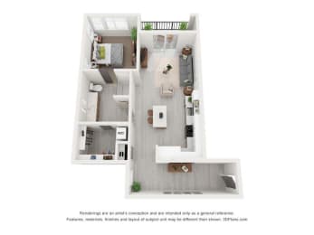 a stylized floor plan of a 1 bedroom192 sq ft