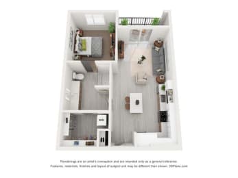 a 3d floor plan of a apartment with a bedroom and a living room
