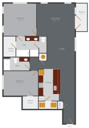 a floor plan of a bedroom apartment with a living room and a dining room
