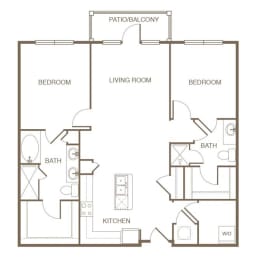 an illustration of a 1 bedroom floor plan with baths