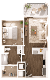 a stylized rendering of a bedroom with a bathroom and a living room