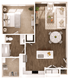 a 3d rendering of a bedroom with a dining table