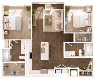 a 3d drawing of a bedroom with a bathroom and a living room
