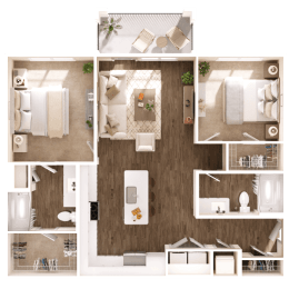 a 3d floor plan of a bedroom with a bathroom and a living room