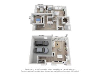 a stylized floor plan of a 3 bedroom apartment with wood flooring and a
