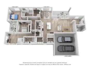 a floor plan of a 3 bedroom apartment with a car in the bedroom