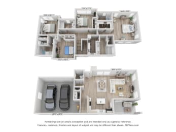 a stylized floor plan of a 3 bedroom apartment