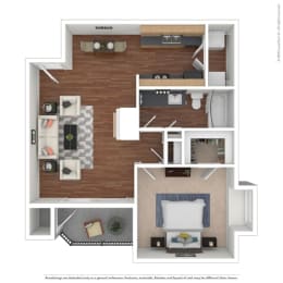 a stylized floor plan with a bedroom and living room