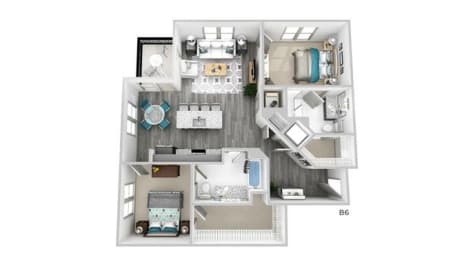 a cutaway view of a living room and a dining room with a ceiling fan