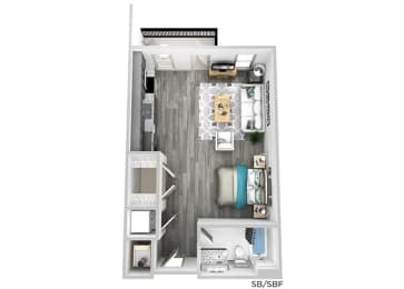 a stylized floor plan with a bedroom and a living room