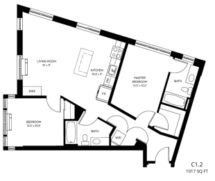 a floor plan of a residence with a bedroom and a living room