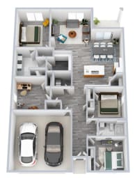 a 3d rendering of a floor plan with a car and a balcony
