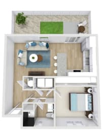 a stylized floor plan with a bedroom and a living room