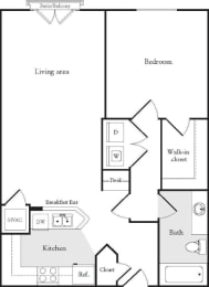 a schematic diagram of the living area and kitchen of a town house
