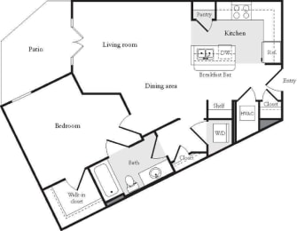 a floor plan of a studio apartment with a bedroom and a living room