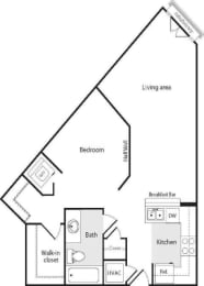 a floor plan of a studio apartment with a bedroom and a living room