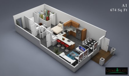 a 3d rendering of a bedroom and kitchen in a small house
