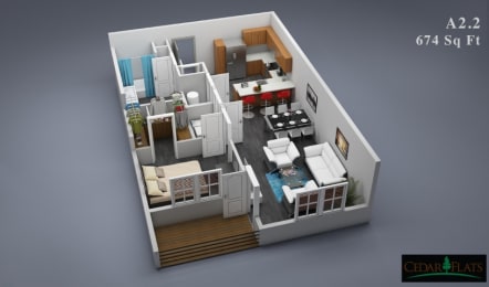 a 3d rendering of a bedroom and living room