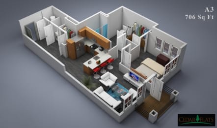 an isometric view of a room with a bedroom and a living room