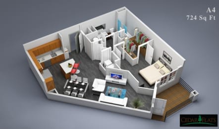 a 3d floor plan of a bedroom and living room
