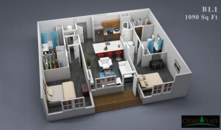 a 3d rendering of a bedroom floor plan with a bathroom and living room