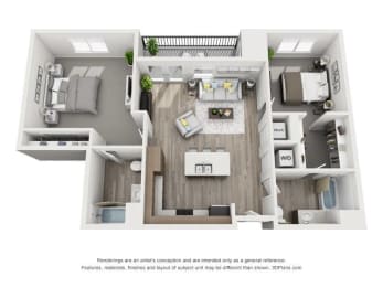 a stylized floor plan with a bedroom and a living room