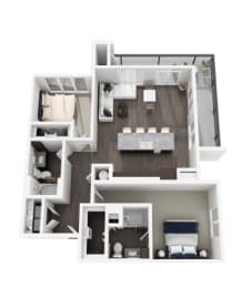 a 3d floor plan of a house with a bedroom and a kitchen