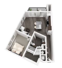 a stylized floor plan with a bedroom and a living room