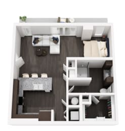 a 1 bedroom floor plan with a bathroom and a living room