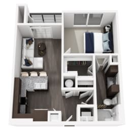 a 3d drawing of the 1 bedroom floor plan with the bathroom and living room