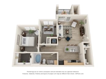 a stylized floor plan with a bedroom and a living room