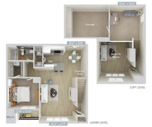 a stylized floor plan with a bedroom and a living room