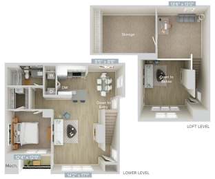 a stylized floor plan with a bedroom and a living room