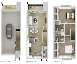 three views of a floor plan with a bedroom and a living room