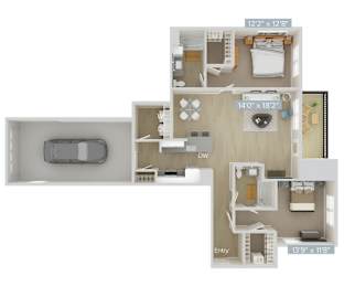 a stylized floor plan with a bedroom and a living room