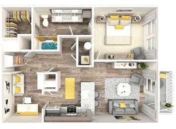 A 3D rendered image of a modern apartment interior.