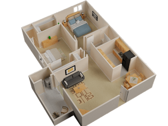 A 3D rendered image of a small apartment layout.