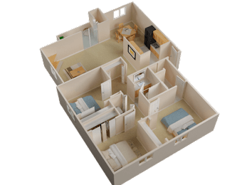 A 3D model of a house with multiple rooms and furniture.