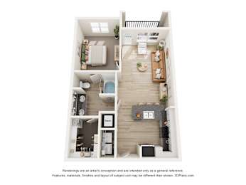 A 3D floor plan of a small apartment with a kitchen, living room, and bathroom.