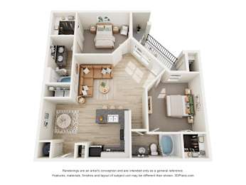 A 3D floor plan of a house with a living room, kitchen, and two bedrooms.